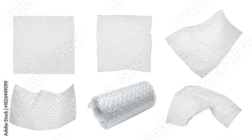 Multiple bubble wrap sheets and roll isolated on transparent background