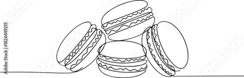 Macaroon one line drawing vector, Continuous one line drawing of colorful French macaroons isolated. Hand drawn macarons minimal design art. one line Icon drawing