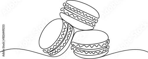Macaroon one line drawing vector, Continuous one line drawing of colorful French macaroons isolated. Hand drawn macarons minimal design art. one line Icon drawing