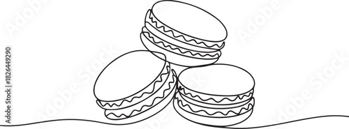 Macaroon one line drawing vector, Continuous one line drawing of colorful French macaroons isolated. Hand drawn macarons minimal design art. one line Icon drawing