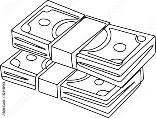 bundles of money, cash, banknotes, dollars, euro one line art, a stack of paper money, cash, banknotes, dollars, in one line. one line Icon drawing