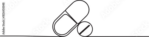 medicine tablet continuous one line drawing, Medicine Pills Single Line Icon, minimal Drawing of Medicine Pill Icon. Single Line Vector Illustration. one line Icon drawing