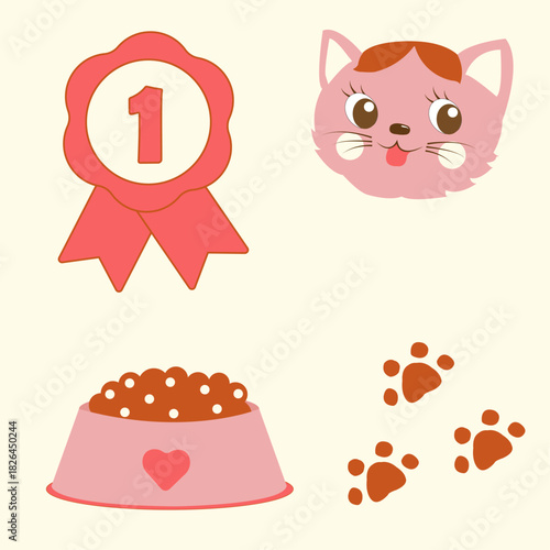 Set, pets, paw print, food bowl, medal, cute cat, first place, winner, pet