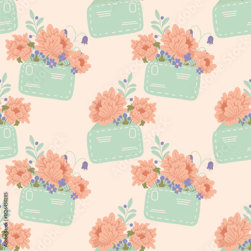 Vector pattern of envelopes with a bouquet of flowers. Lush pink peonies in a mint green mailing envelope. Spring Easter folk wallpaper.