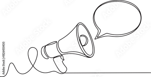 Continuous single line sketch drawing of megaphone speaker with bubble chat. One line art of sound tool equipment vector illustration. one line Icon drawing