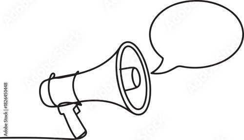 Continuous single line sketch drawing of megaphone speaker with bubble chat. One line art of sound tool equipment vector illustration. one line Icon drawing