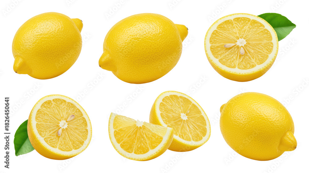 Obraz premium Whole and sliced lemons with seeds and green leaves on transparent background