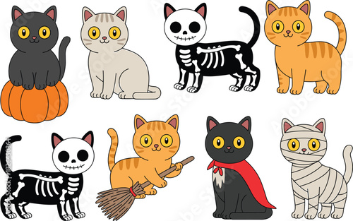 Halloween cat costume illustration set, cartoon black orange white cats, spooky outfits, skeleton vampire mummy, festive vector, holiday character design
