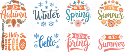 Seasonal greeting text design, hello spring summer autumn winter, decorative typography, floral and snowflake elements, colorful vector, festive illustration, cheerful theme