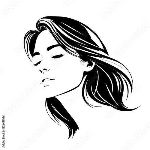 “A high-contrast graphic depiction of a woman in three-quarter orientation, her gentle expression highlighted by soft lighting. Her hair flows in stylized strands, and a minimal gray gradient forms th