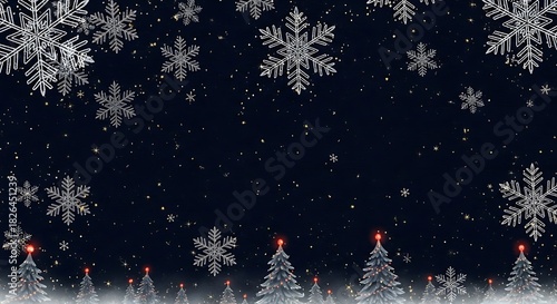 Winter Wonderland Christmas Background with Snowflakes Stars and Christmas Trees
