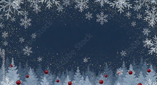 Winter wonderland Christmas background with snowflakes trees and festive ornaments