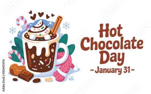 National Hot Chocolate Day Banner with Cozy Mug and Winter Elements