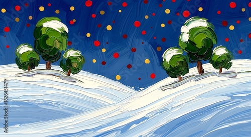 Winter Wonderland Painting with Snow Covered Hills and Abstract Sky Design