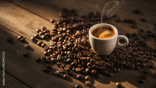 Hot espresso cup with aromatic coffee beans over a dark wooden texture, captured in soft dramatic lighting.