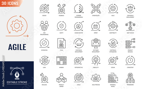 Agile icons set. Containing software development, plan, testing, process, scrum and more. Editable stroke. Vector illustration