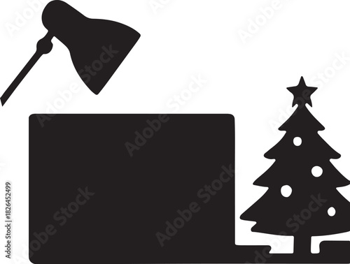 Holiday Workspace Setup with Laptop Desk Lamp and Christmas Tree Icon