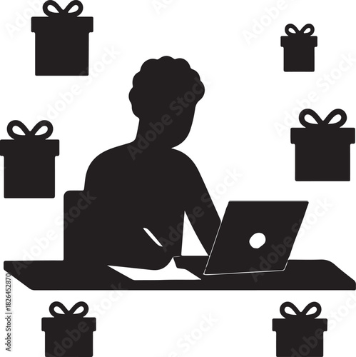 Online worker surrounded by gift boxes representing rewards and successful efforts