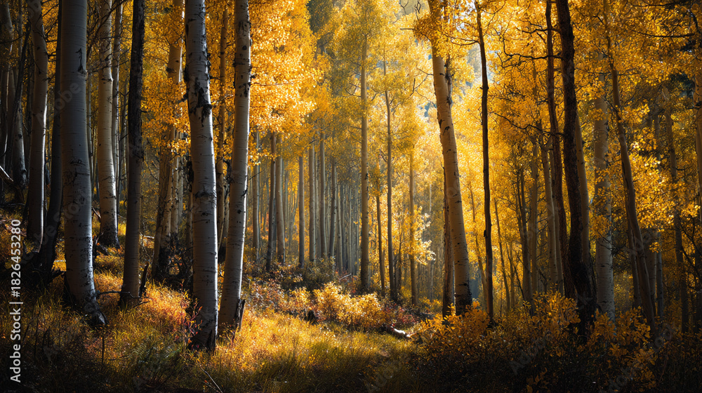 Obraz premium A dense forest of aspen trees with golden leaves during the autumn season sunlight