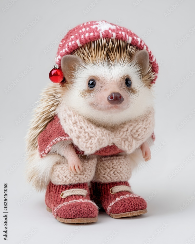 Fototapeta premium Cute Hedgehog Wearing Red Knitted Christmas Hat and Winter Boots Isolated on White Background | Adorable Anthropomorphic Animal Holiday Portrait for Greeting Cards