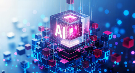 Artificial intelligence concept with glowing ai text in a digital cube surrounded by data elements