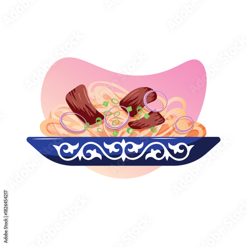 hand drawn vector kazakh traditional meal kespe noodles with meat