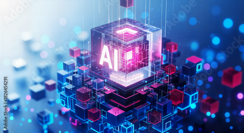 Artificial intelligence concept with glowing ai text in a digital cube surrounded by data elements
