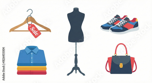 Collection of diverse fashion accessories and clothing items for shopping, retail, and apparel concepts on a white background