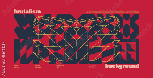 Symmetrical trendy colorful modernism artwork banner in brutalism aesthetics, Abstract vector geometric background, tech shapes and lines composition, cyberpunk y2k gaming futuristic pattern