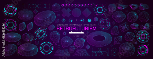 Big set trendy cyberpunk and retrofuturism elements, Postmodern abstract geometric wireframe and vaporwave shapes of different forms, Vector graphic assets kit futuristic style, HUD kit