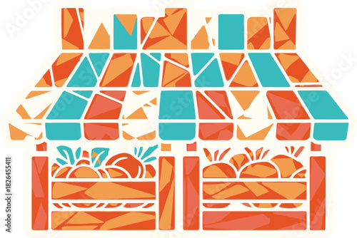 Colorful Abstract Farmers Market Stall with Fresh Produce in Geometric Style