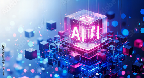 Ai technology represented by a luminous cube surrounded by data blocks and digital connections