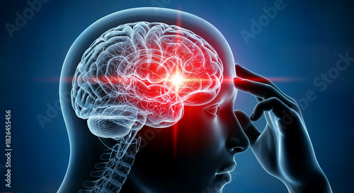 Human head profile with glowing red brain indicating pain or medical condition, hand touching temple