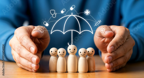 Human hands protecting a group of wooden figures under an umbrella with healthcare icons, representing family health insurance and security