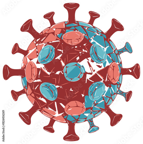 Stylized Coronavirus Illustration in a Shattered Mosaic Design with Red and Blue Fragments