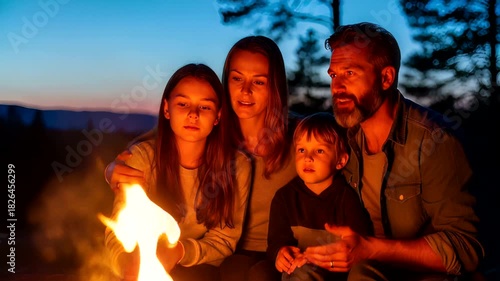 Family gathered around a campfire during sunset in a serene forest