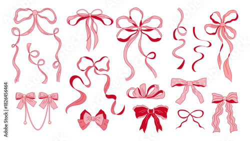 Vintage whimsical red and pink bows, long tied ribbons. Coquette elements on white background