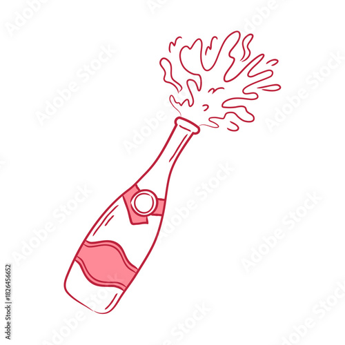 Open bottle of champagne with splashes. Drawn doodle on white background for parties, weddings, celebrations