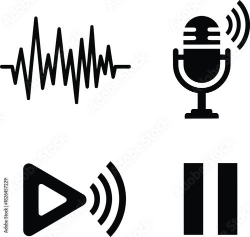 Black icons for audio waveform microphone play and pause