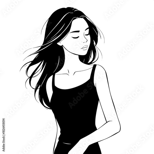 “A minimalist black-and-white vector illustration of a young woman in three-quarter view, her gaze lowered to the right, long flowing hair creating soft movement, wearing a sleeveless dark top. Clean 