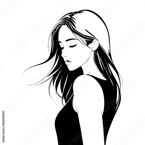 “A minimalist black-and-white vector illustration of a young woman in three-quarter view, her gaze lowered to the right, long flowing hair creating soft movement, wearing a sleeveless dark top. Clean 