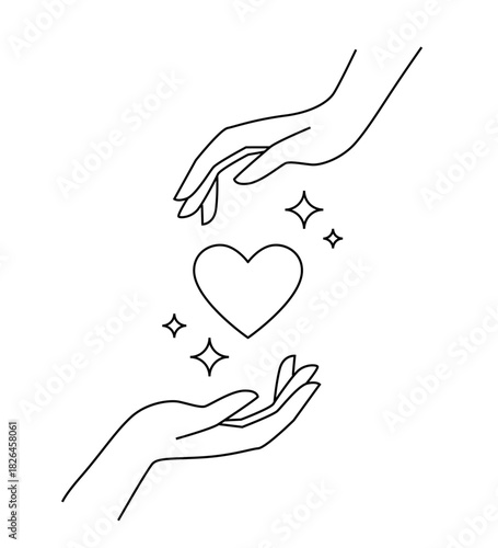 Black minimal line art illustration of heart between reaching hands, self-care, mental health, therapy, meditation, wellness symbol