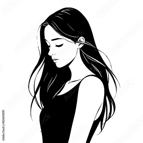 “A minimalist black-and-white vector illustration of a young woman in three-quarter view, her gaze lowered to the right, long flowing hair creating soft movement, wearing a sleeveless dark top. Clean 