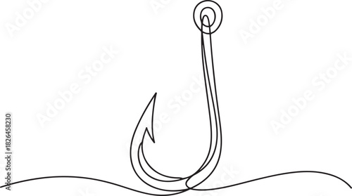 Fishing hook line continuous drawing vector. One line Hook vector. fisherman's equipment icon. Continuous outline of a Fishing hook. one line Icon drawing