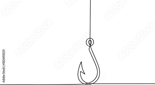 Fishing hook line continuous drawing vector. One line Hook vector. fisherman's equipment icon. Continuous outline of a Fishing hook. one line Icon drawing