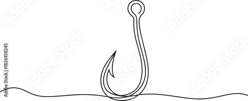 Fishing hook line continuous drawing vector. One line Hook vector. fisherman's equipment icon. Continuous outline of a Fishing hook. one line Icon drawing