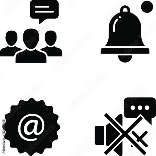 Four black communication and notification icons on white background