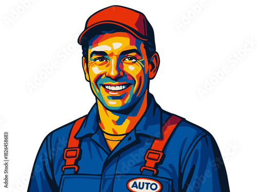 male mechanic in uniform holding a wrench, symbolizing skill, labor, and technical work. Generative ai vector colorful pop art illustration.