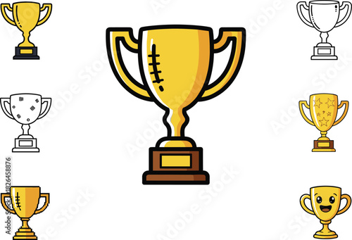 Award trophy icons set, cartoon style, flat vector illustration, gold and white cups, stitched design, cad drawing, celebration symbols