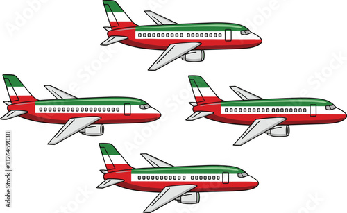 Cartoon airplane fleet in Italian flag colors, green white red aircraft illustration, aviation theme, cad drawing flat vector illustration